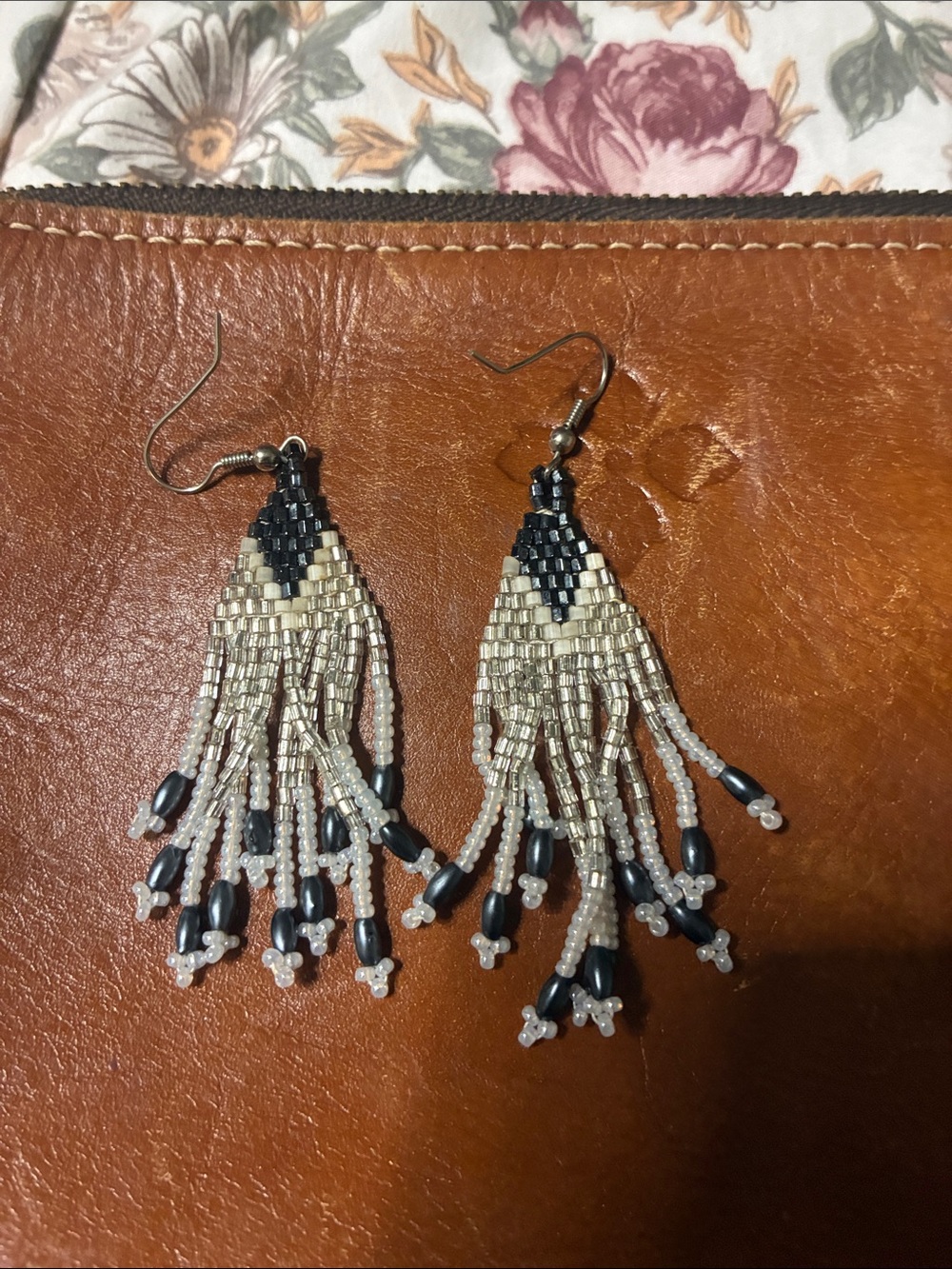 Handmade Black and Ivory Beaded Fringe Earrings